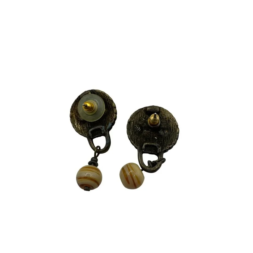 Tribal Design Hammered Disc with Drop Bead Pierced Earring Set